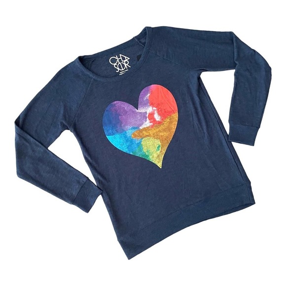 Chaser Tops - Chaser Rainbow Heart Crew Neck Raglan Sleeves Pullover Sweatshirt Size M